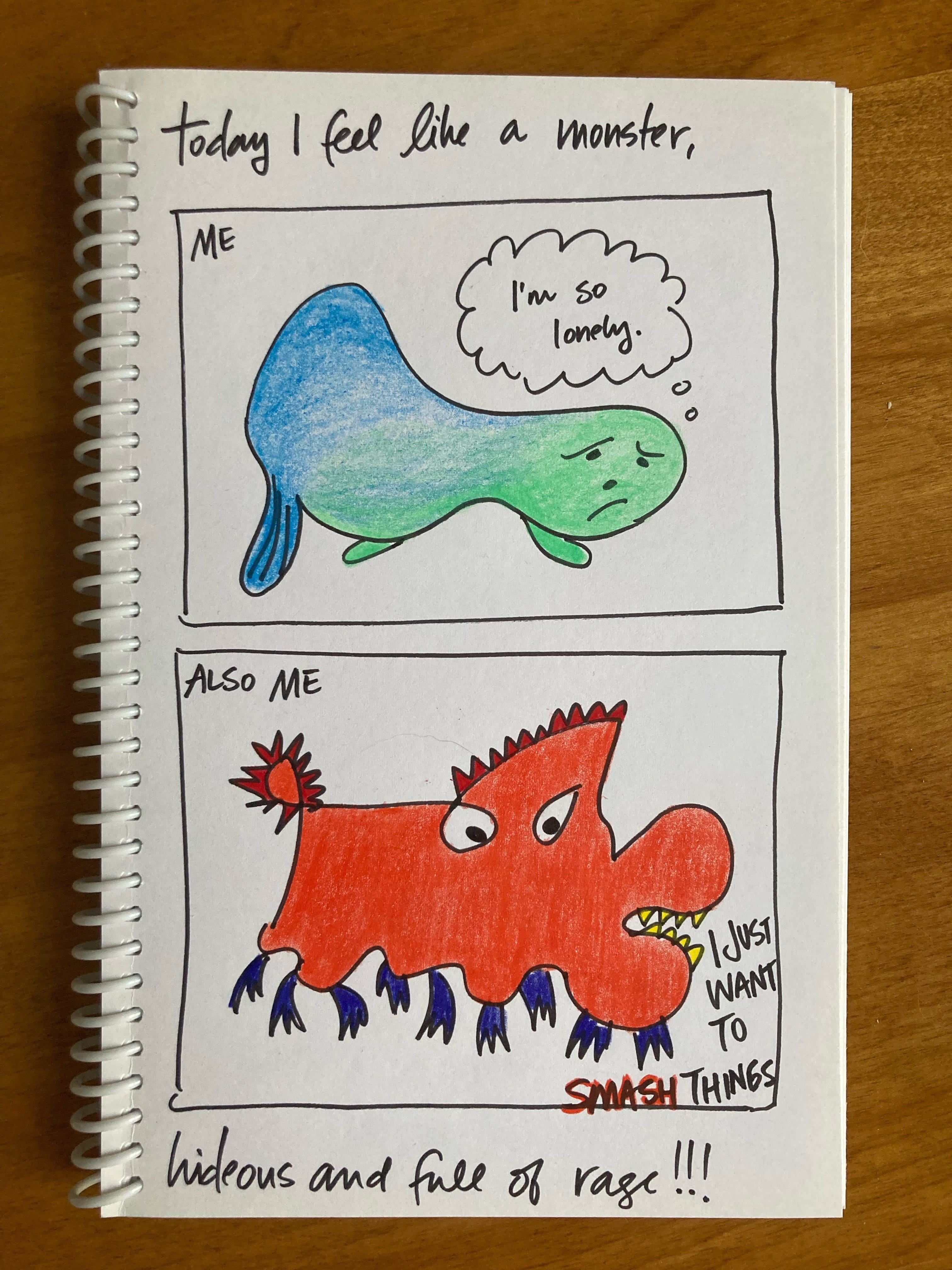 2-panel comic titled "Today I feel like a monster, hideous and full of rage": 1st panel labeled "ME" shows a seal-like monster with "I'm so lonely" in a thought bubble; 2nd panel labeled "ALSO ME" shows a spikey monster saying "I JUST WANT TO SMASH THINGS."