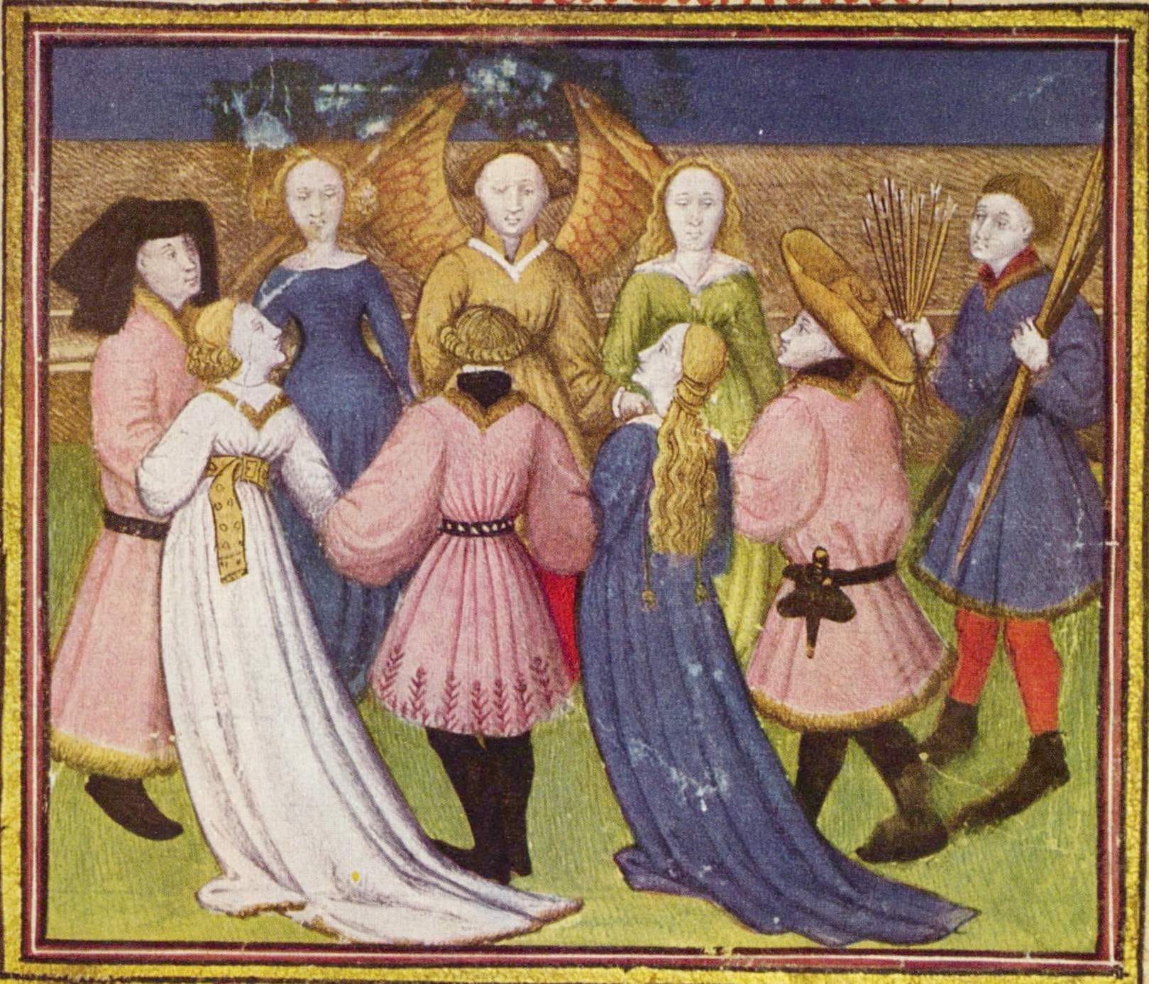 illustration from an illuminated manuscript showing nine people in medieval dress, one with large golden wings, standing in a circle