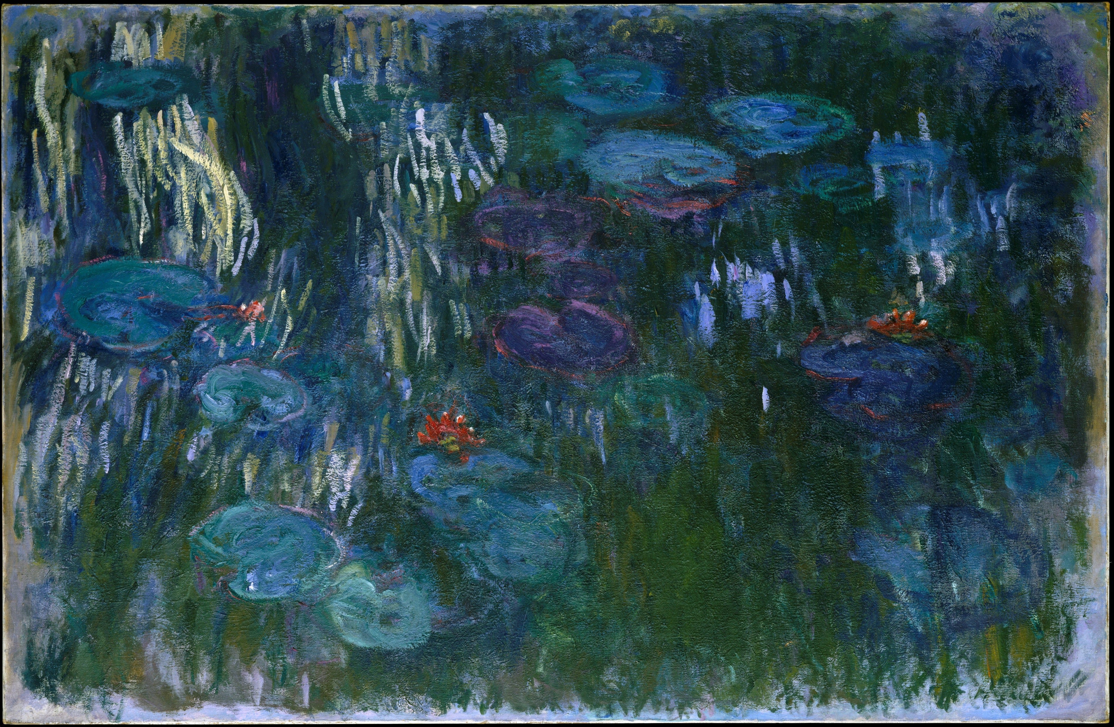 a painting of water lilies floating on the dark surface of water with the reflection of bright willow branches on the left