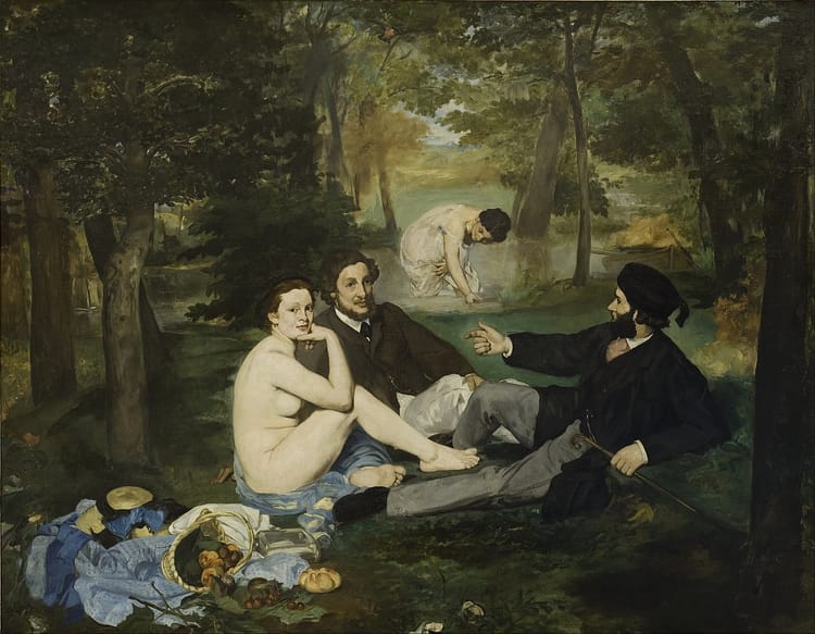 A nude woman sits next to a picnic in the woods with two men in suits. Another woman in a chemise bathes in a stream.